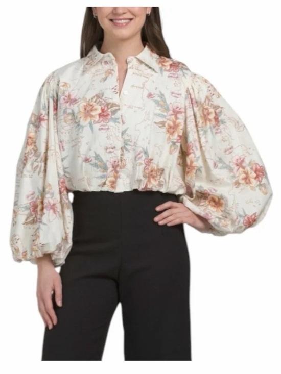 Calypso St. Barth Tops - Calypso St. Barth Ivory Floral Puff-Sleeve Cropped Blouse